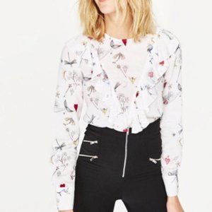 Zara Mermaid Ruffle White Long Sleeve Blouse
